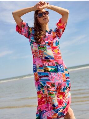 Vibrant Pink Tropical Print Midi Dress